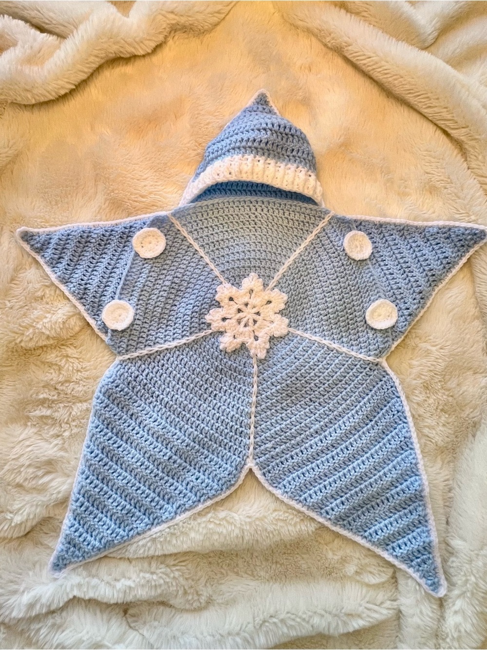Handmade Blue Star Baby Romper with White Snowflake Accent